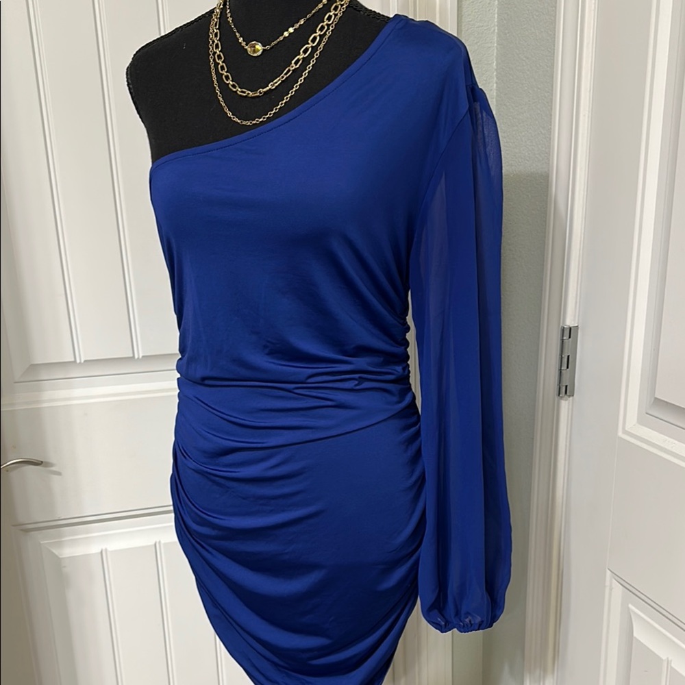 One-Shoulder Royal Blue Ruched Dress